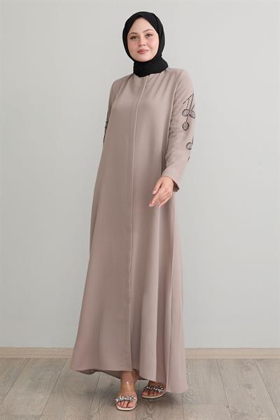 Kolları Yaprak İncili Bej Ferace