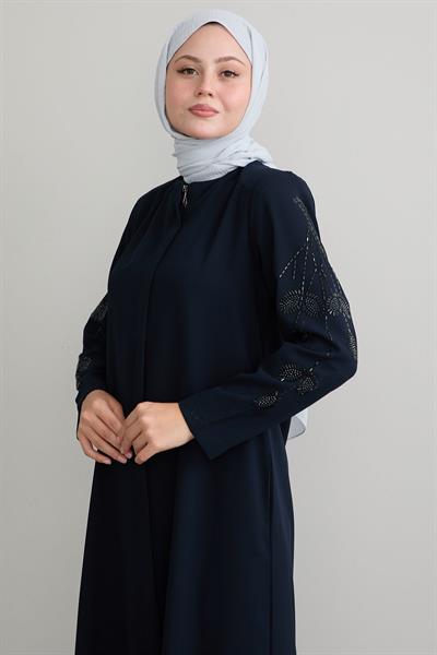 Kolları Yaprak İncili Lacivert Ferace