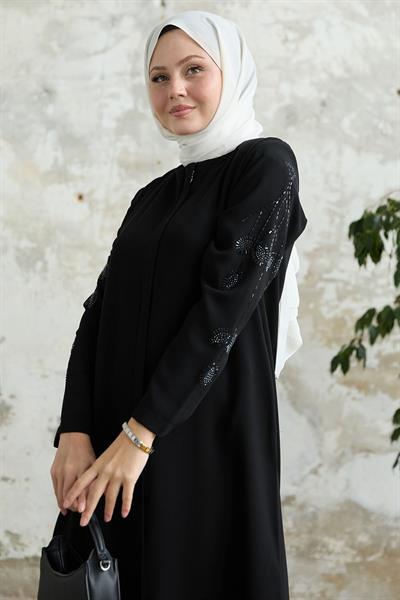 Kolları Yaprak İncili Siyah Ferace