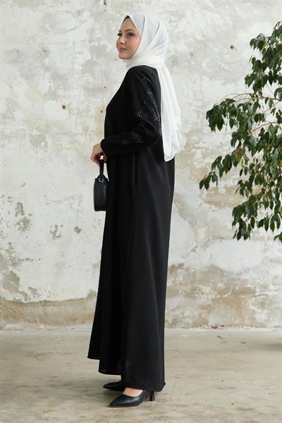 Kolları Yaprak İncili Siyah Ferace