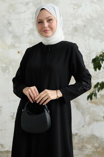 Kolları Yaprak İncili Siyah Ferace