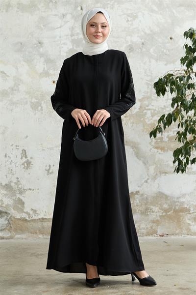 Kolları Yaprak İncili Siyah Ferace