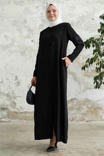 Kolları Yaprak İncili Siyah Ferace