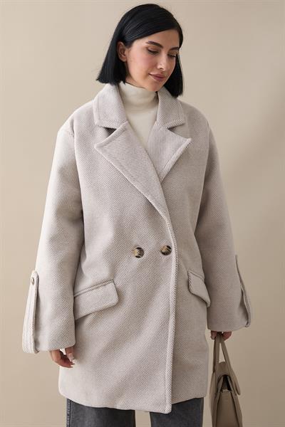 Kolu Apolet Detay Kaşe Kaban - Ekru