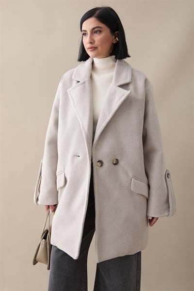 Kolu Apolet Detay Kaşe Kaban - Ekru