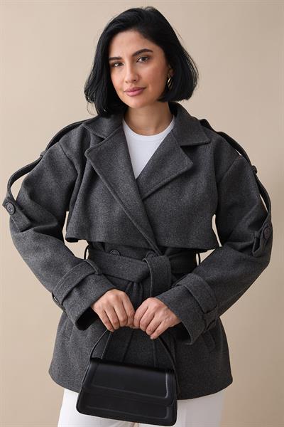 Kolu Apolet Kaşe Antrasit Kısa Kaban