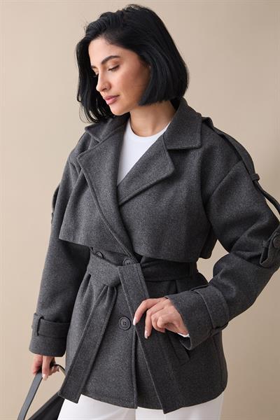 Kolu Apolet Kaşe Antrasit Kısa Kaban