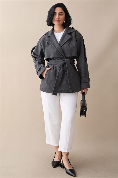 Kolu Apolet Kaşe Antrasit Kısa Kaban