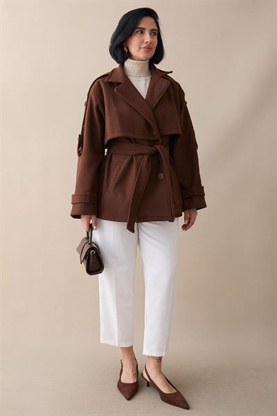 Kolu Apolet Kaşe Kahverengi Kısa Kaban