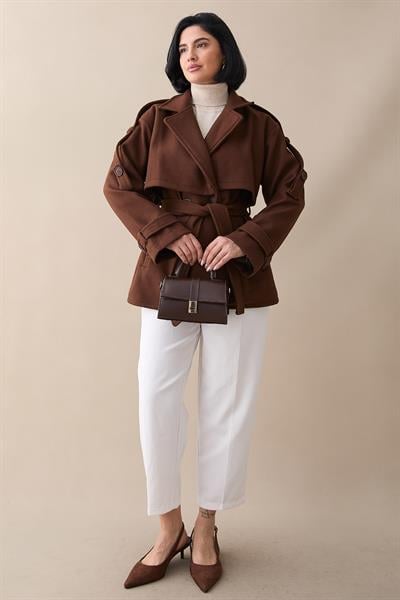 Kolu Apolet Kaşe Kahverengi Kısa Kaban