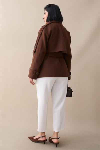 Kolu Apolet Kaşe Kahverengi Kısa Kaban