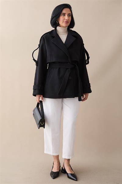 Kolu Apolet Kaşe Siyah Kısa Kaban