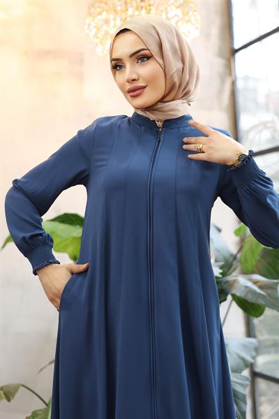 Kolu Büzgülü Boydan Biyeli Saks Mavisi Ferace