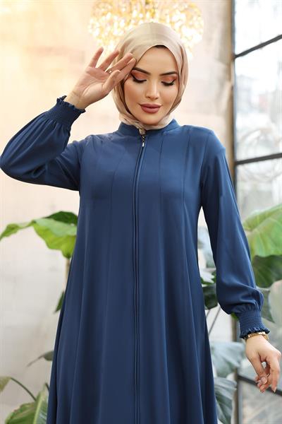 Kolu Büzgülü Boydan Biyeli Saks Mavisi Ferace