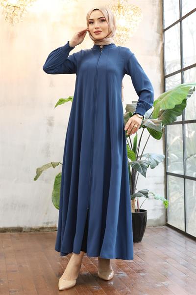 Kolu Büzgülü Boydan Biyeli Saks Mavisi Ferace