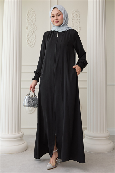 Kolu Büzgülü Boydan Biyeli Siyah Ferace