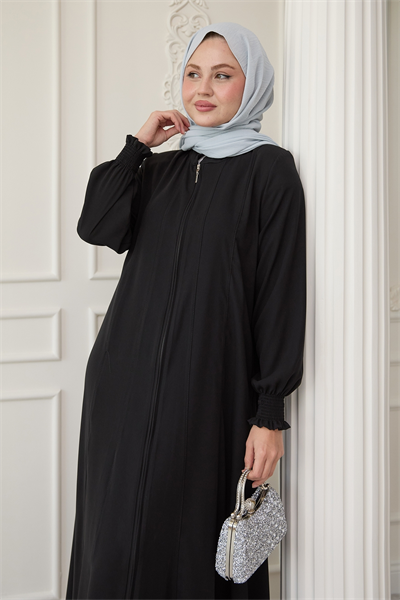 Kolu Büzgülü Boydan Biyeli Siyah Ferace