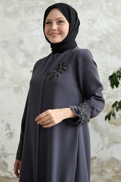 Kolu Çiçek Taşlı Antrasit Ferace