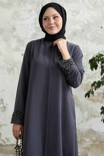 Kolu Çiçek Taşlı Antrasit Ferace