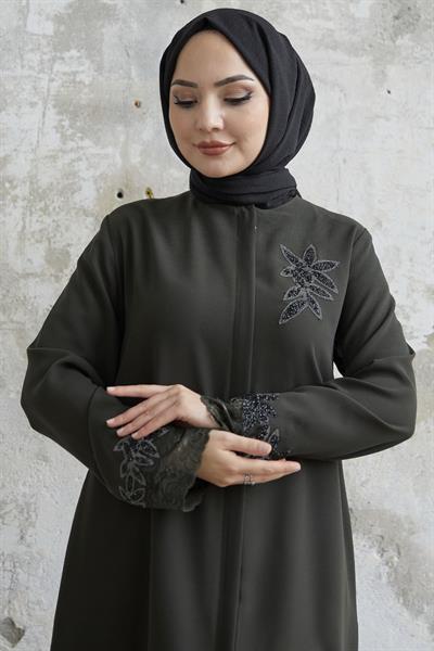 Kolu Çiçek Taşlı Haki Ferace