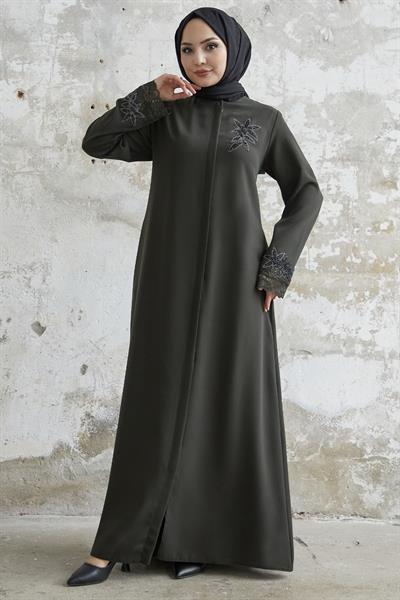 Kolu Çiçek Taşlı Haki Ferace