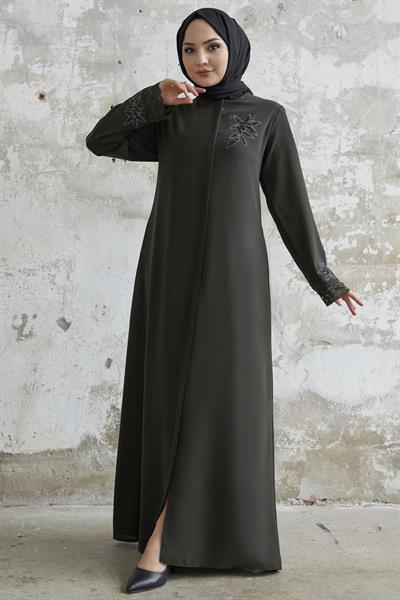 Kolu Çiçek Taşlı Haki Ferace