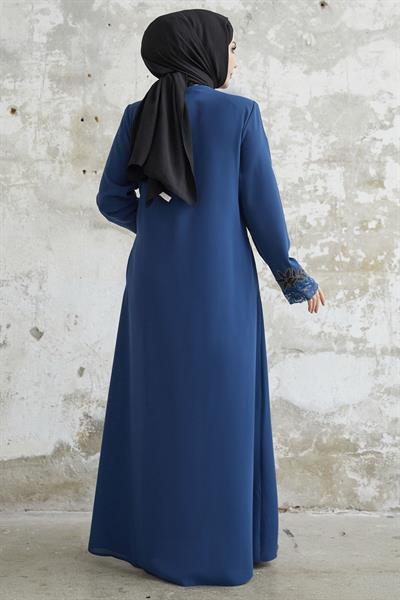 Kolu Çiçek Taşlı İndigo Ferace