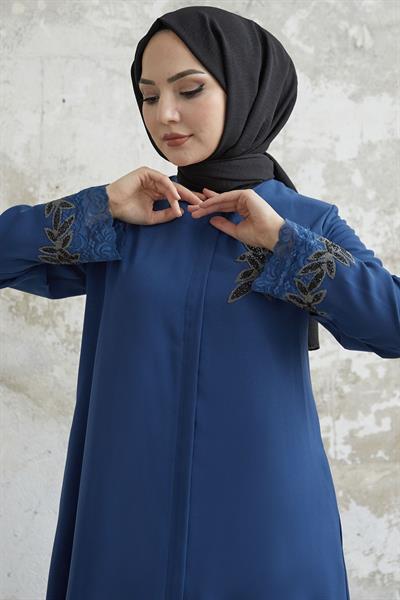 Kolu Çiçek Taşlı İndigo Ferace