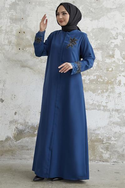 Kolu Çiçek Taşlı İndigo Ferace