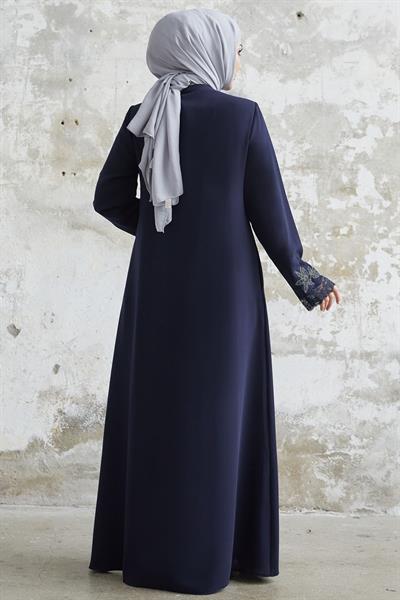 Kolu Çiçek Taşlı Lacivert Ferace