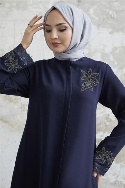 Kolu Çiçek Taşlı Lacivert Ferace