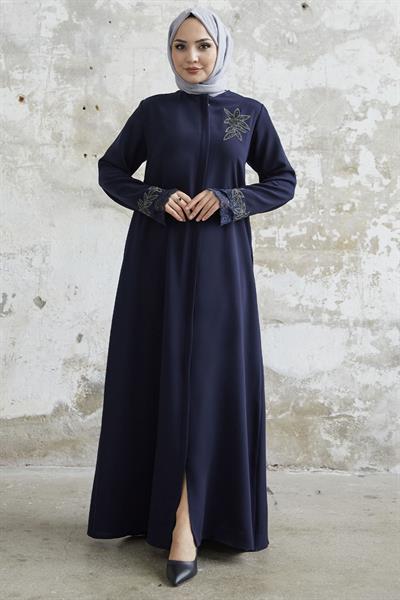 Kolu Çiçek Taşlı Lacivert Ferace