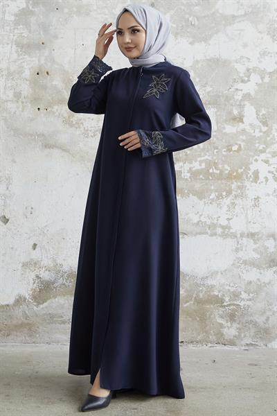 Kolu Çiçek Taşlı Lacivert Ferace