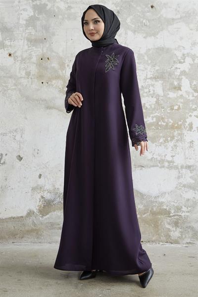 Kolu Çiçek Taşlı Mürdüm Ferace