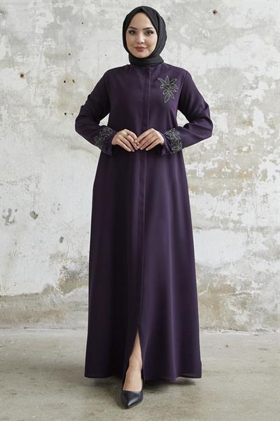 Kolu Çiçek Taşlı Mürdüm Ferace