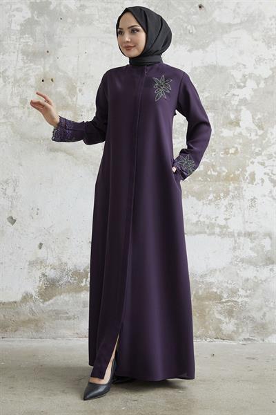 Kolu Çiçek Taşlı Mürdüm Ferace