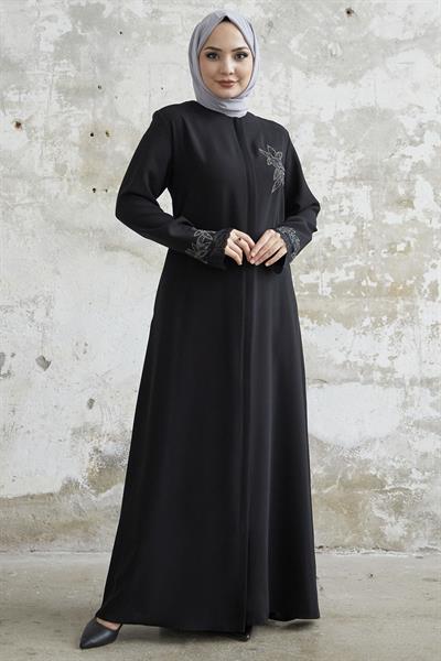 Kolu Çiçek Taşlı Siyah Ferace