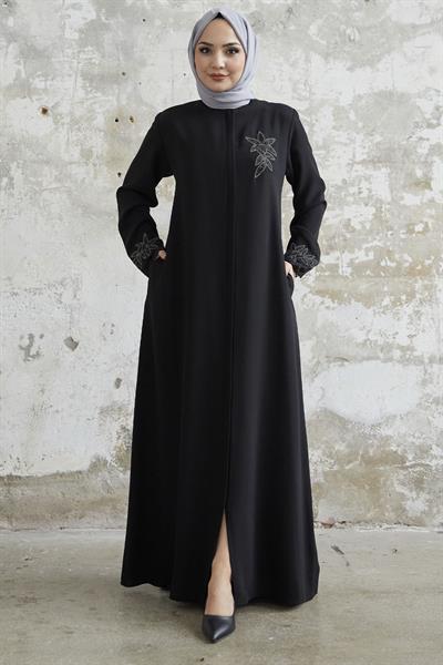 Kolu Çiçek Taşlı Siyah Ferace