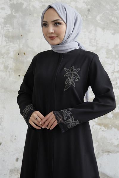 Kolu Çiçek Taşlı Siyah Ferace