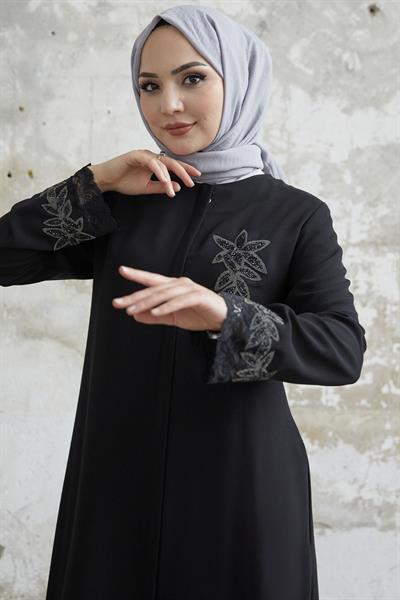 Kolu Çiçek Taşlı Siyah Ferace