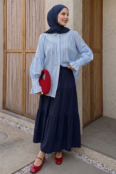 Kolu Fırfırlı Mavi Gömlek