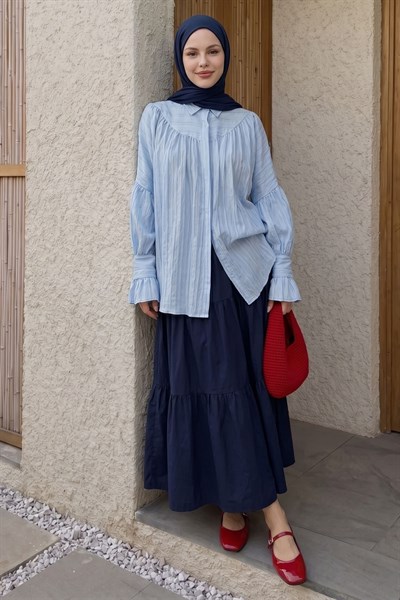 Kolu Fırfırlı Mavi Gömlek