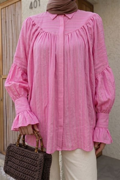 Kolu Fırfırlı Pembe Gömlek