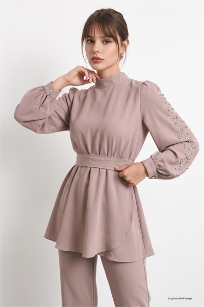 Pearl-Sleeved Gathered Waist Beige Set