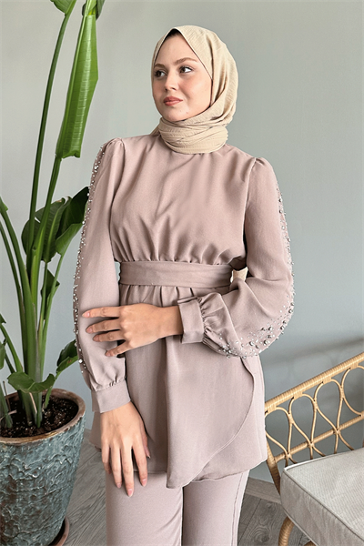 Kolu İnci Beli Büzgülü Bej Takım