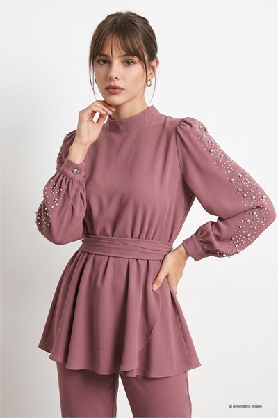 Pearl-Sleeved Gathered Waist Rosewood Set