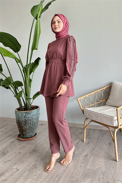 Kolu İnci Beli Büzgülü Gül Kurusu Takım