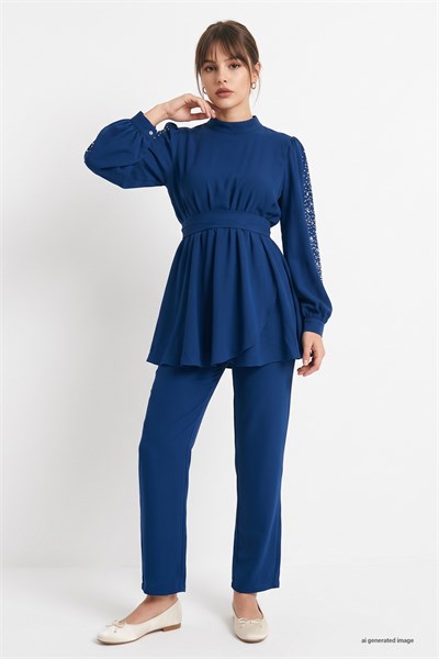 Pearl-Sleeved Gathered Waist Indigo Set