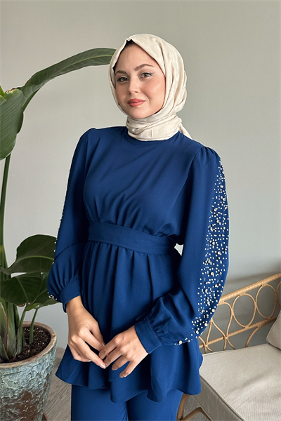 Kolu İnci Beli Büzgülü İndigo Takım