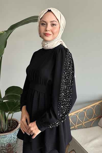 Kolu İnci Beli Büzgülü Siyah Takım